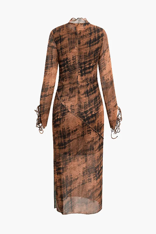 Abstract Print Lace-up Long Sleeve Maxi Dress