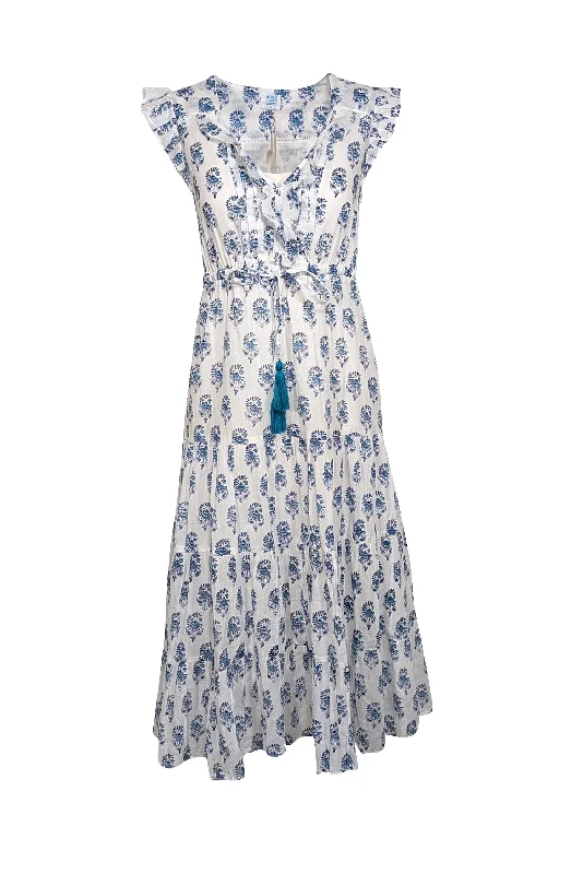 Mer St. Barth - White w/ Blue Floral Print Cotton Voile Maxi Dress Sz S