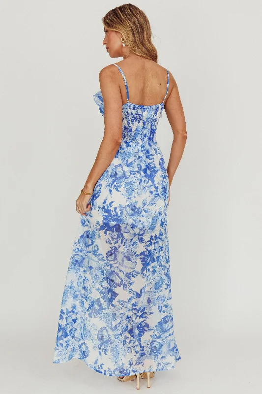 Reanne Chiffon Floral High-Low Hem Dress Blue