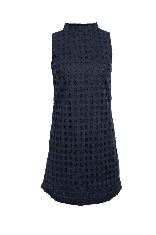 Sail to Sable - Navy Eyelet Lace Sleeveless Dress w/ Pleated Trim Sz 0