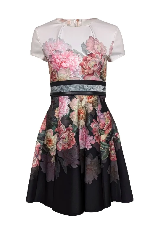 Ted Baker - White, Pink, & Black Floral Short Sleeve Dress Sz 2