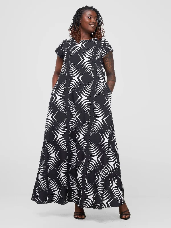 Vivo Basic Cap Sleeve Maxi Tent Dress - Black / White Print