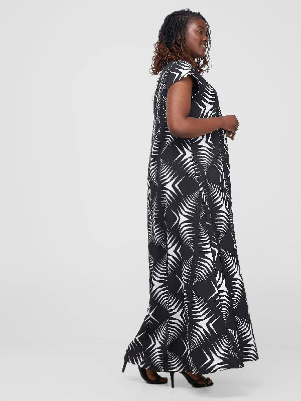 Vivo Basic Cap Sleeve Maxi Tent Dress - Black / White Print