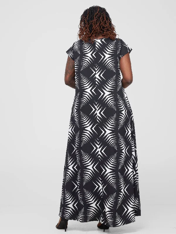 Vivo Basic Cap Sleeve Maxi Tent Dress - Black / White Print