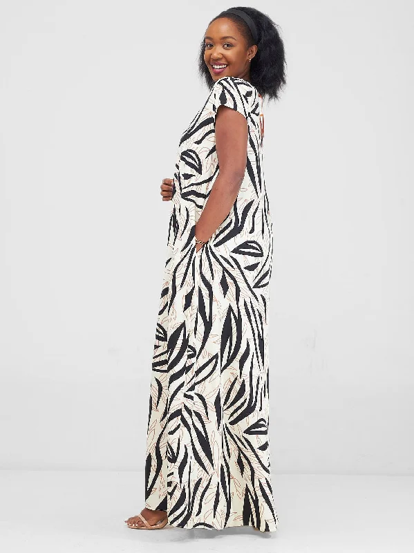 Vivo Sakari Cap Sleeve Maxi Dress - Cream / Black Print