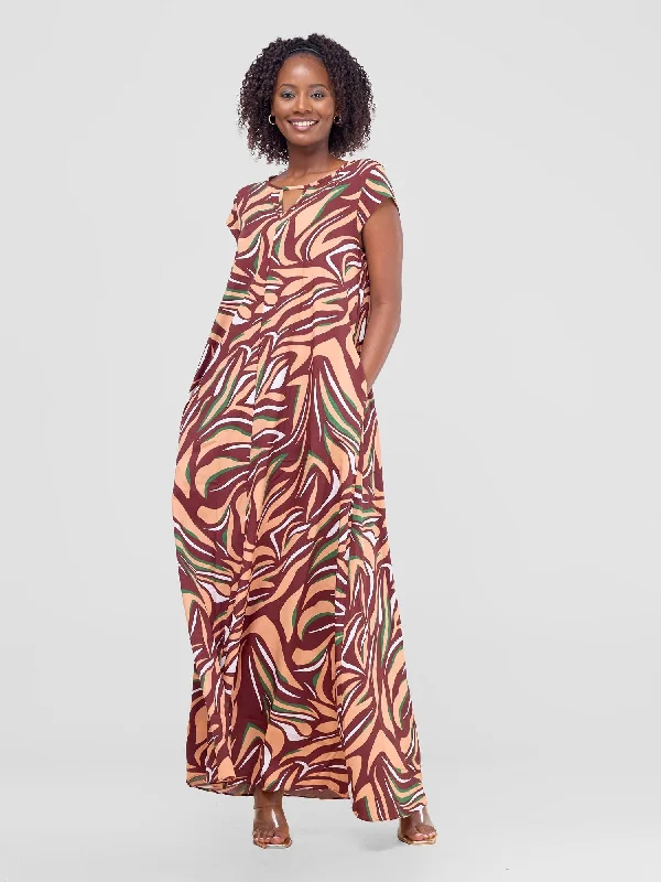 Vivo Sakari Cap Sleeve Maxi Dress - Peach / Brown Print