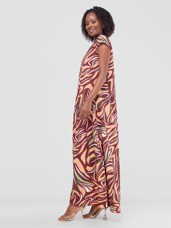 Vivo Sakari Cap Sleeve Maxi Dress - Peach / Brown Print