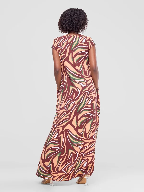 Vivo Sakari Cap Sleeve Maxi Dress - Peach / Brown Print