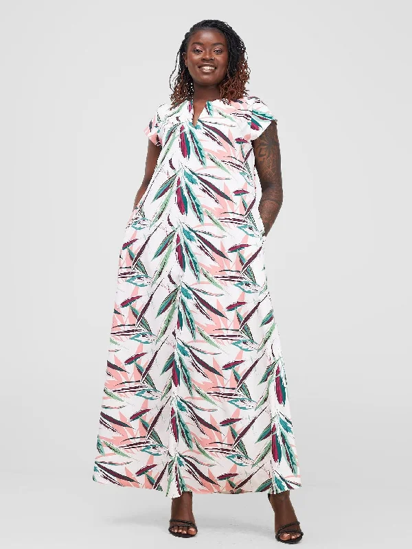 Vivo Zola V Neck Cap Sleeve Maxi Dress - White / Green Print