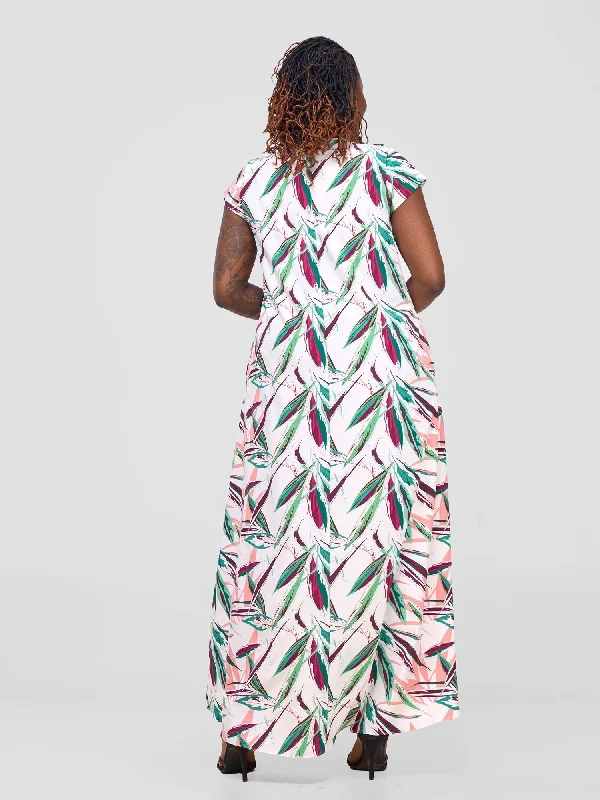 Vivo Zola V Neck Cap Sleeve Maxi Dress - White / Green Print