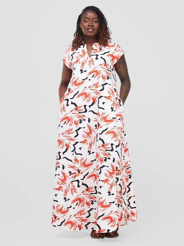 Vivo Zola V Neck Cap Sleeve Maxi Dress - White / Red Print