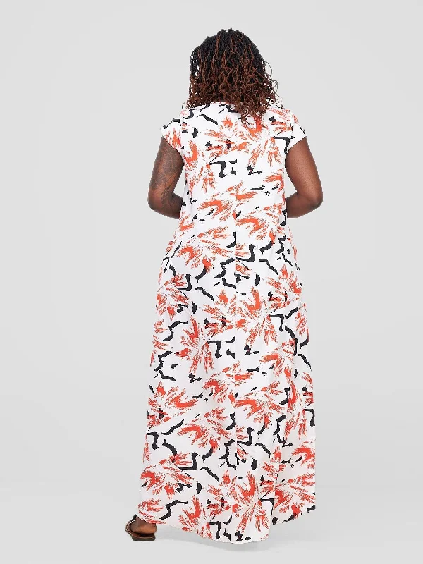 Vivo Zola V Neck Cap Sleeve Maxi Dress - White / Red Print