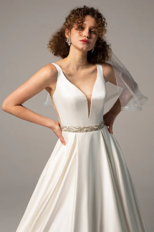 A-Line Chapel Train Satin Wedding Dress CW2364