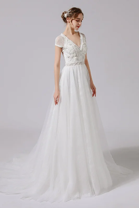 A-Line Floor Length Lace Tulle Wedding Dress CW2706