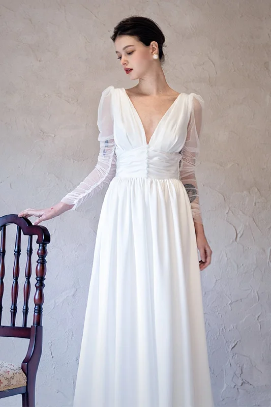 A-Line Sweep-Brush Train Chiffon Tulle Wedding Dress CW3063