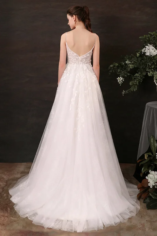 A-Line Sweep-Brush Train Lace Tulle Wedding Dress CW2685