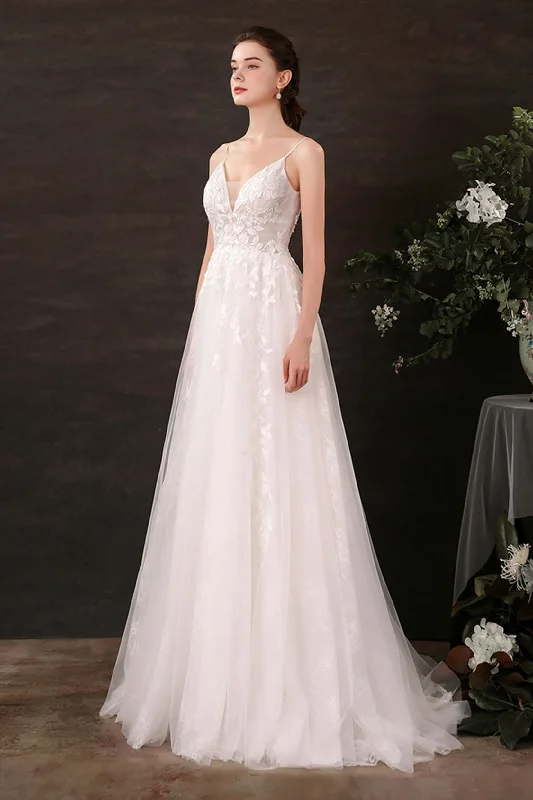 A-Line Sweep-Brush Train Lace Tulle Wedding Dress CW2685