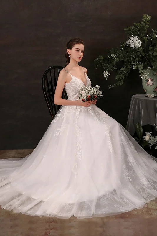 A-Line Sweep-Brush Train Lace Tulle Wedding Dress CW2685