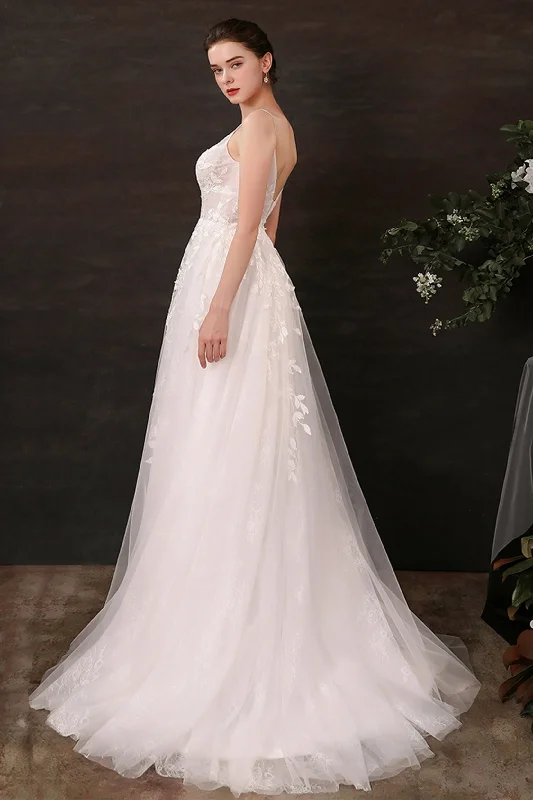 A-Line Sweep-Brush Train Lace Tulle Wedding Dress CW2685