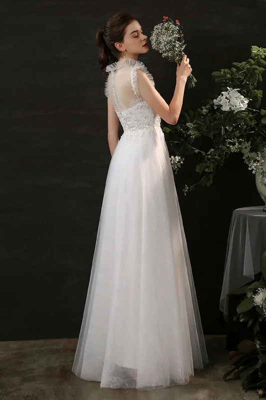 A-Line Sweep-Brush Train Lace Tulle Wedding Dress CW2701