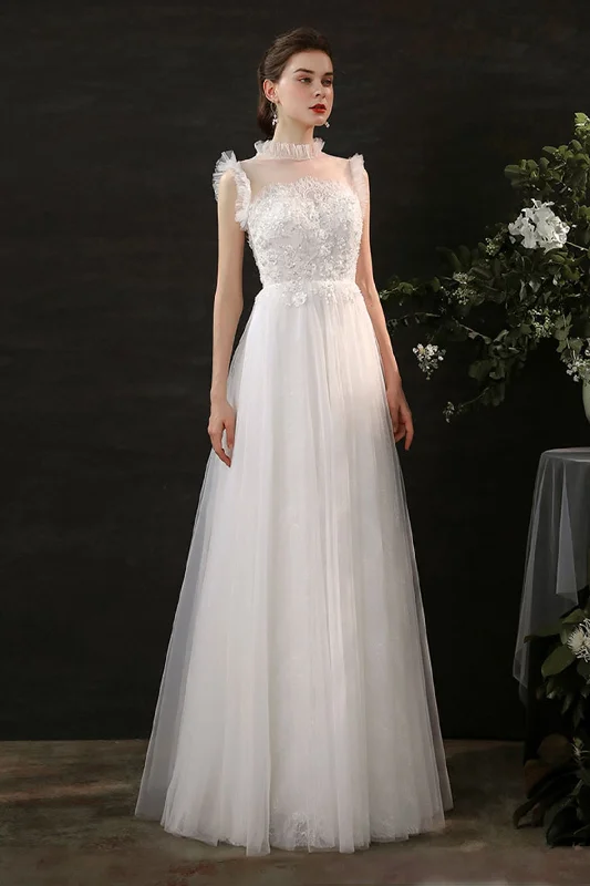 A-Line Sweep-Brush Train Lace Tulle Wedding Dress CW2701