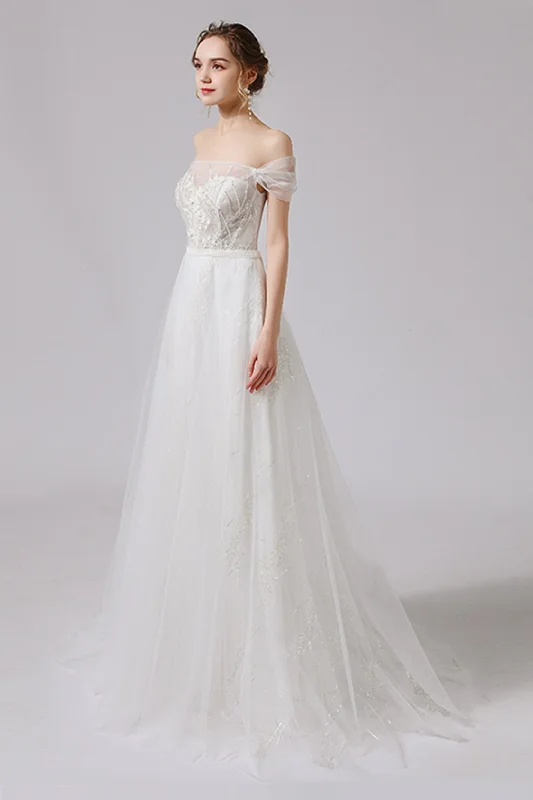 A-Line Sweep-Brush Train Lace Tulle Wedding Dress CW2716