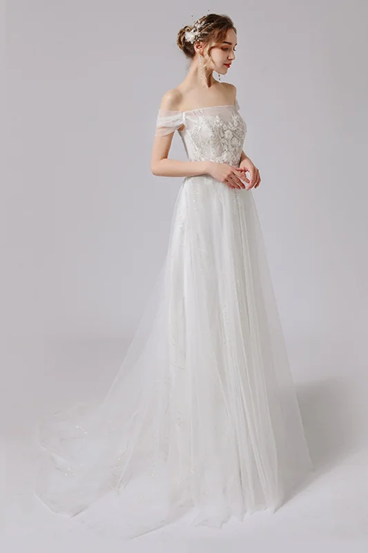 A-Line Sweep-Brush Train Lace Tulle Wedding Dress CW2716