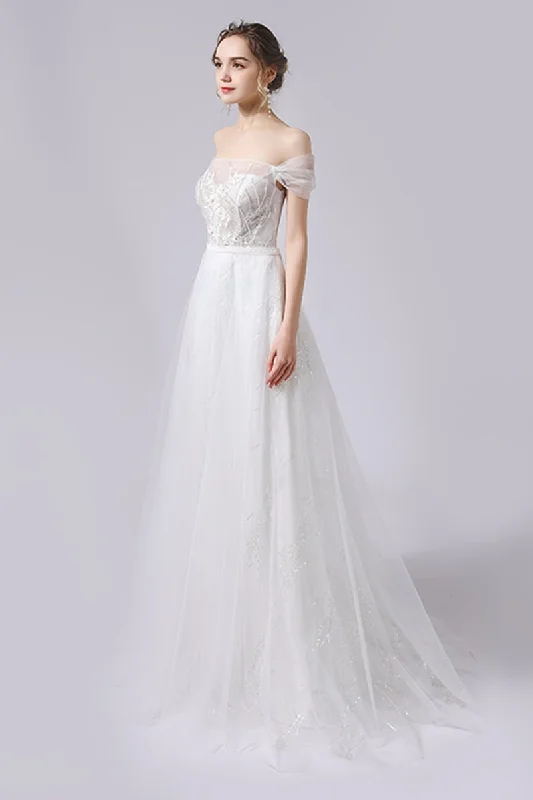 A-Line Sweep-Brush Train Lace Tulle Wedding Dress CW2716