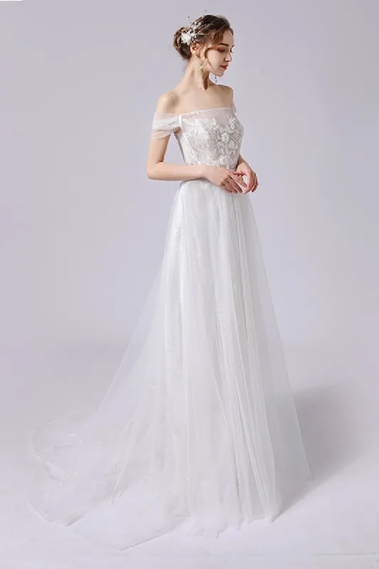 A-Line Sweep-Brush Train Lace Tulle Wedding Dress CW2716