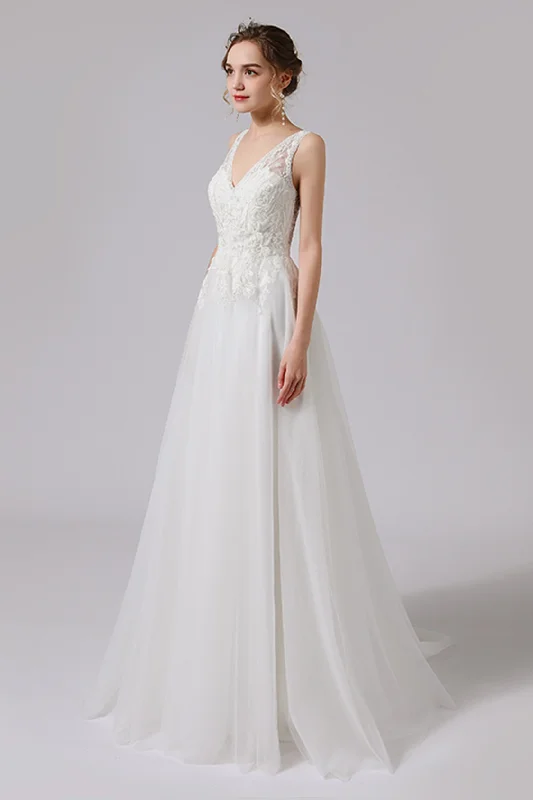 A-Line Sweep-Brush Train Lace Tulle Wedding Dress CW2723