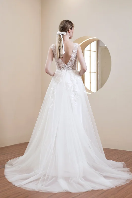 A-Line Sweep-Brush Train Lace Tulle Wedding Dress CW2967