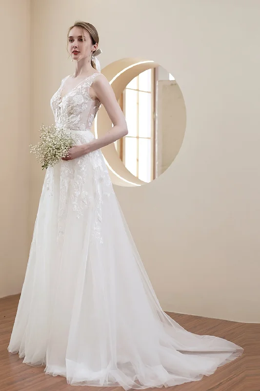 A-Line Sweep-Brush Train Lace Tulle Wedding Dress CW2967