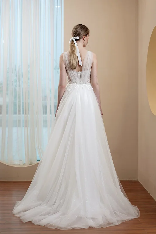 A-Line Sweep-Brush Train Lace Tulle Wedding Dress CW2973