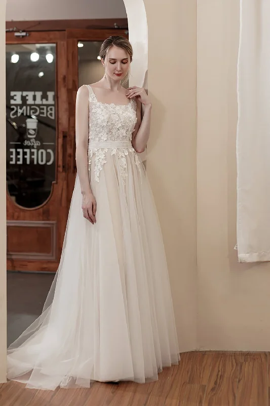 A-Line Sweep-Brush Train Lace Tulle Wedding Dress CW2978