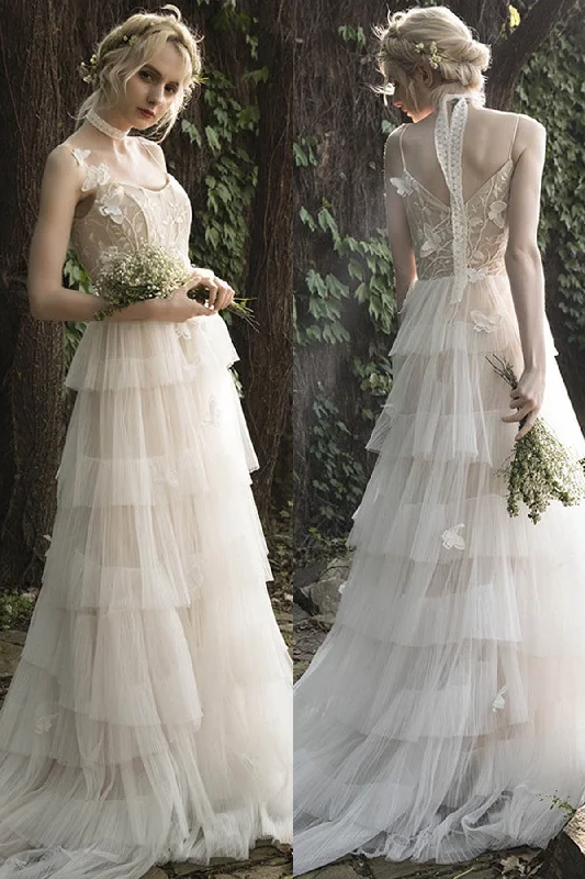 A-Line Sweep-Brush Train Lace Tulle Wedding Dress CW3021