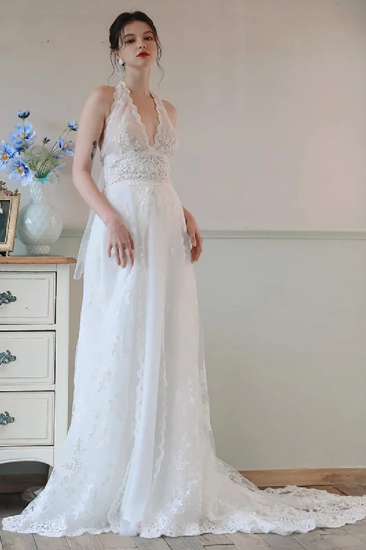 A-Line Sweep-Brush Train Lace Tulle Wedding Dress CW3097