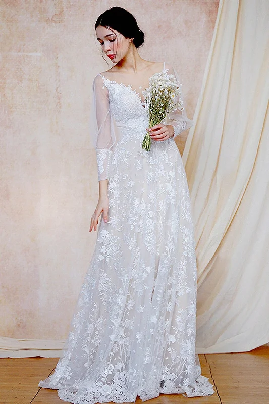 A-Line Sweep-Brush Train Lace Wedding Dress CW3032