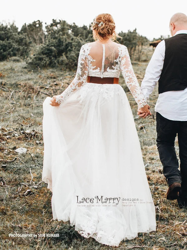 Beautiful Boho Style Wedding Dress with Long Lace Sleeves