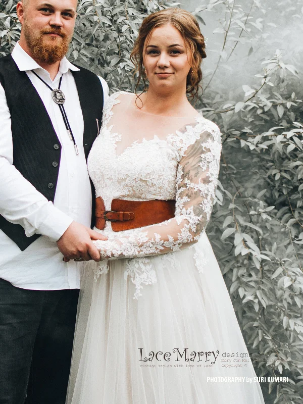 Beautiful Boho Style Wedding Dress with Long Lace Sleeves