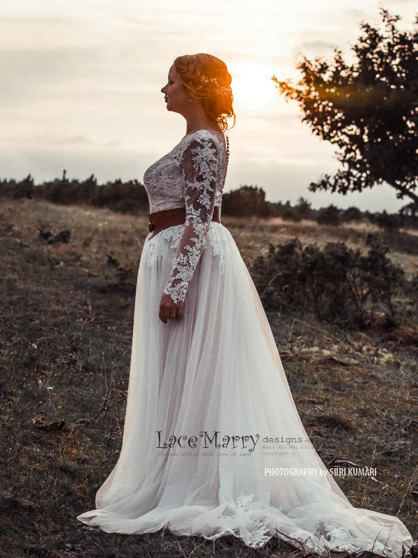 Beautiful Boho Style Wedding Dress with Long Lace Sleeves