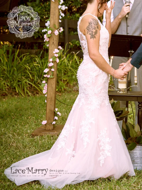 Blush Wedding Dress with Beaded Flower Applique