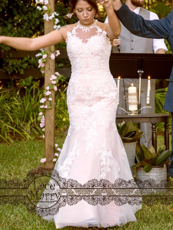 Blush Wedding Dress with Beaded Flower Applique