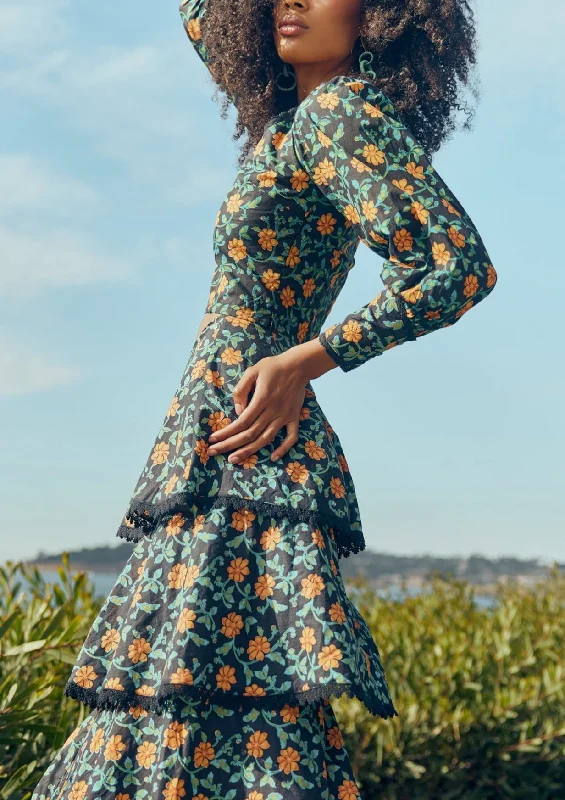 Brenda Tiered Skirt in Faded Black with Clementine Moss Floral