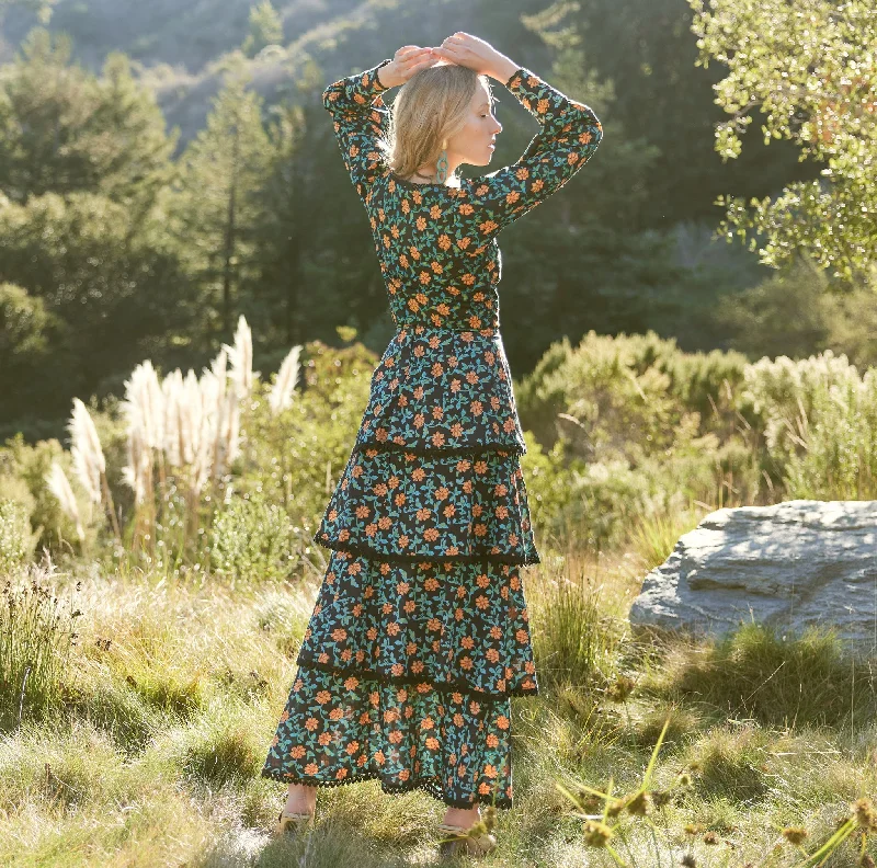 Brenda Tiered Skirt in Faded Black with Clementine Moss Floral