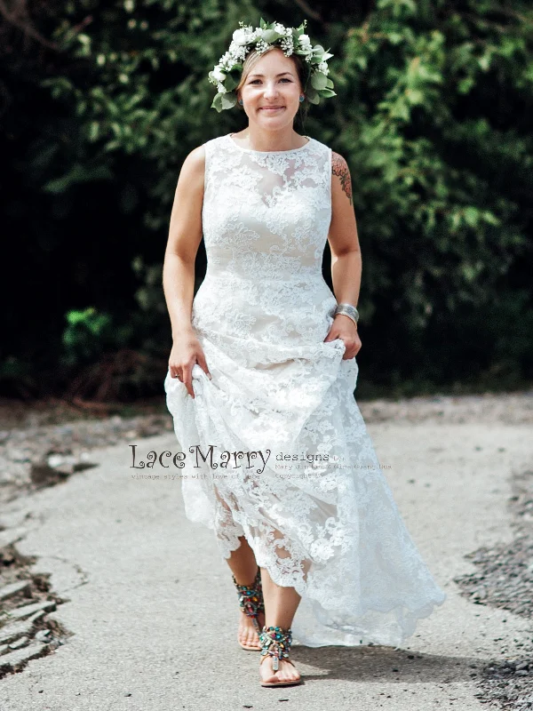 Column Lace Wedding Dress with Champagne Satin