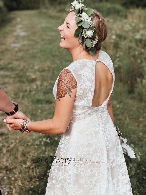 Column Lace Wedding Dress with Champagne Satin