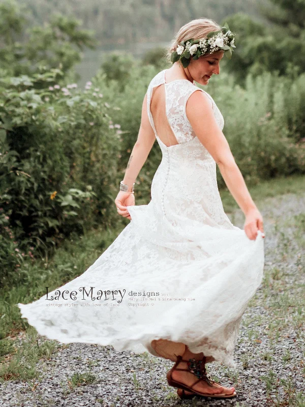 Column Lace Wedding Dress with Champagne Satin