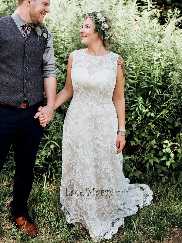 Column Lace Wedding Dress with Champagne Satin