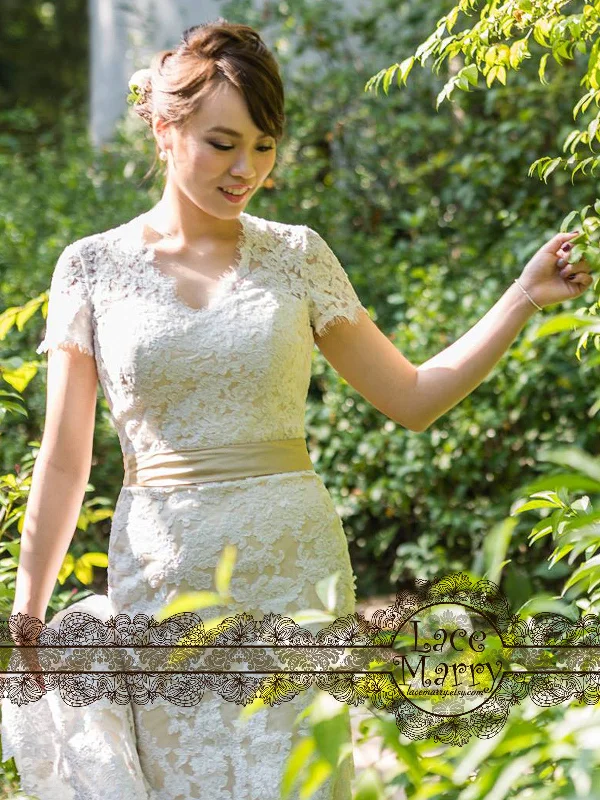 Cream Lace Wedding Dress with Illusion V Neckline