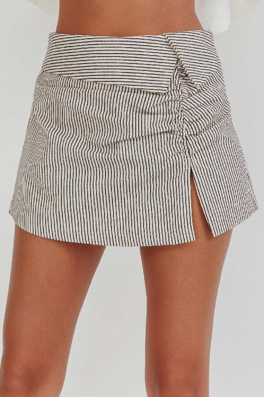 Dariah Foldover Slit Mini Skirt Stripe Linen